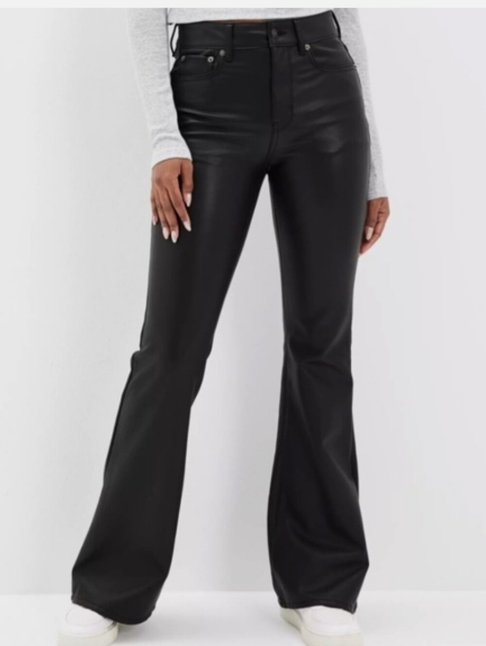 American Eagle Super High Rise Flare Black Vegan Pants Sz 8
